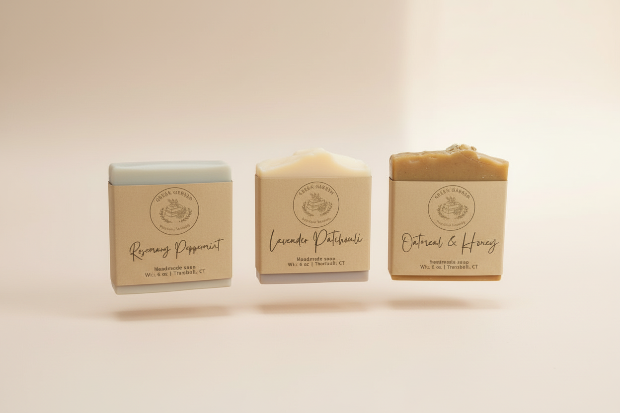 Natural Soap Trio – Rosemary & Peppermint, Lavender & Patchouli, Oatmeal & Honey